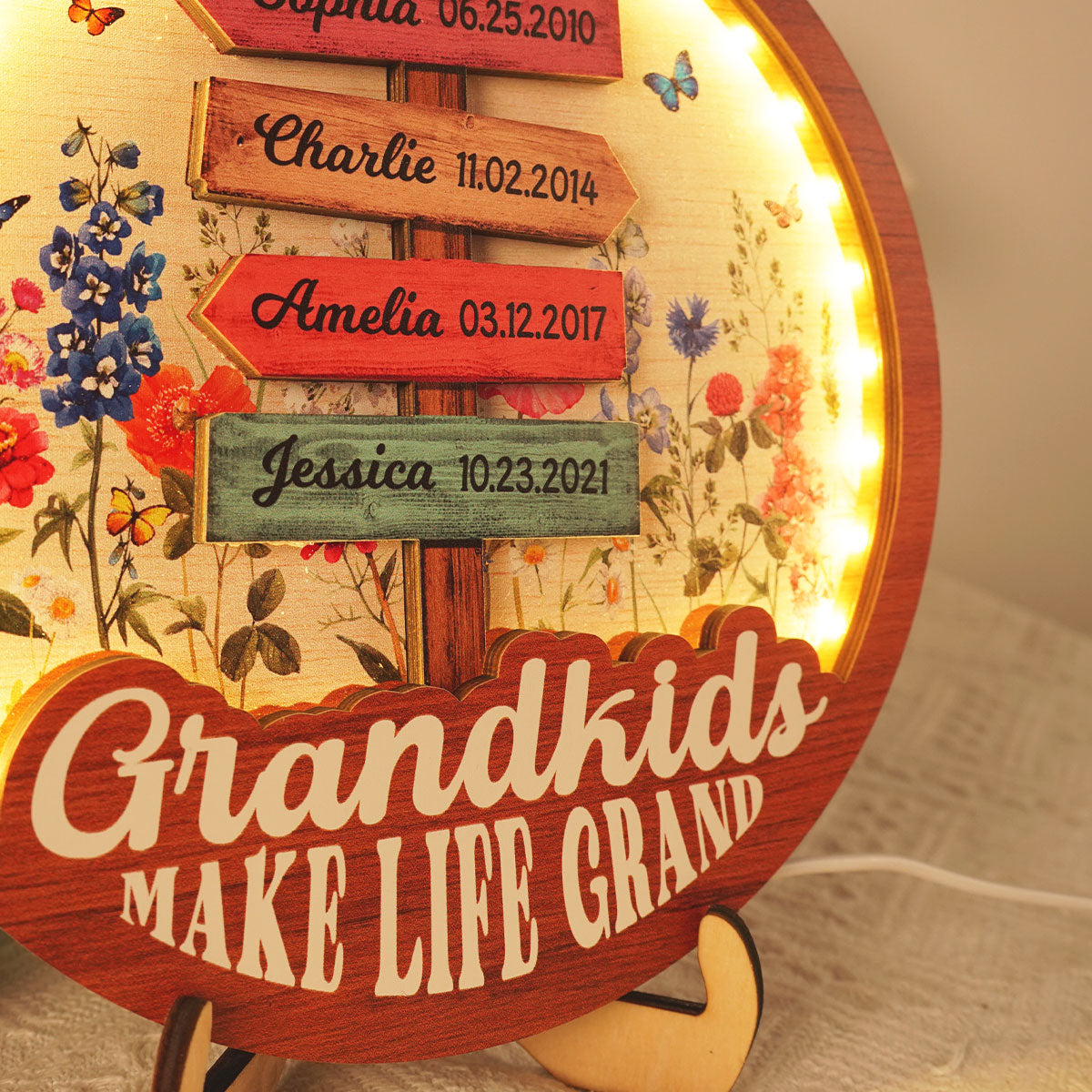 Grandma Flower Garden Grandkids Names Sign Personalized 3-Layer Wooden Plaque With LED, Gift for Mom, for Grandma