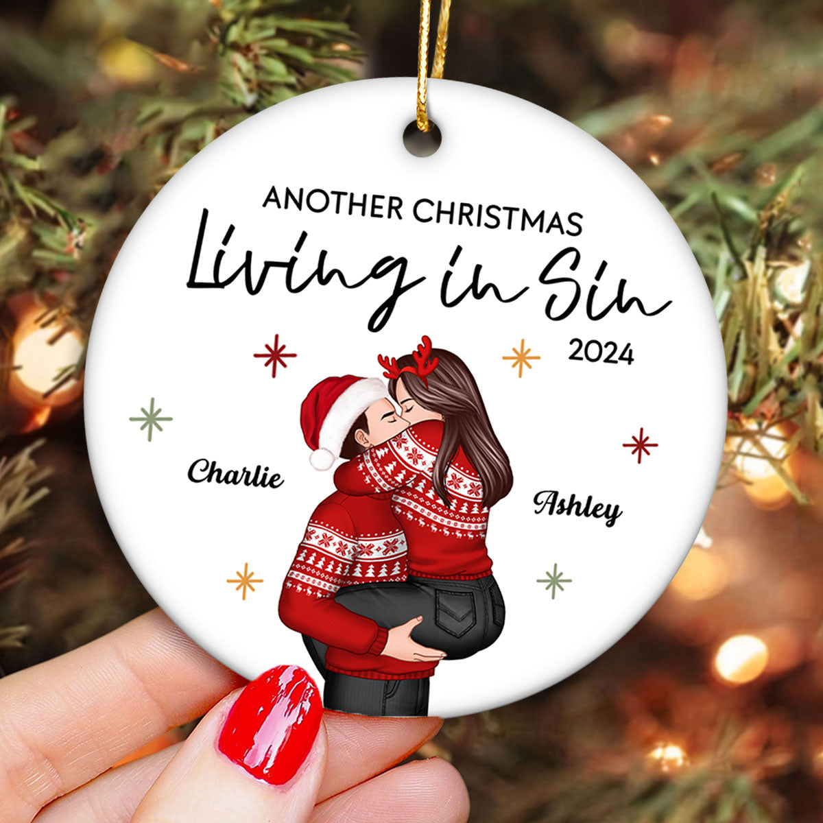 Couple Another Year Living In Sin Christmas Personalized Ceramic Ornament, Funny Christmas Gift for Couple