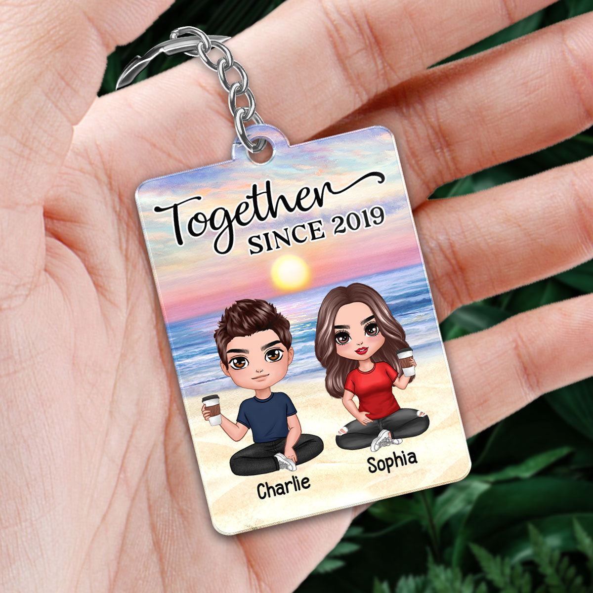 Doll Couple Sitting At Beach Favorite Song Scannable QR Code Personalized Acrylic Keychain