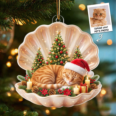 Dog Cat Sleeping in Pearl Shell - Personalized Acrylic Ornament - Christmas Gift for Pet Lovers