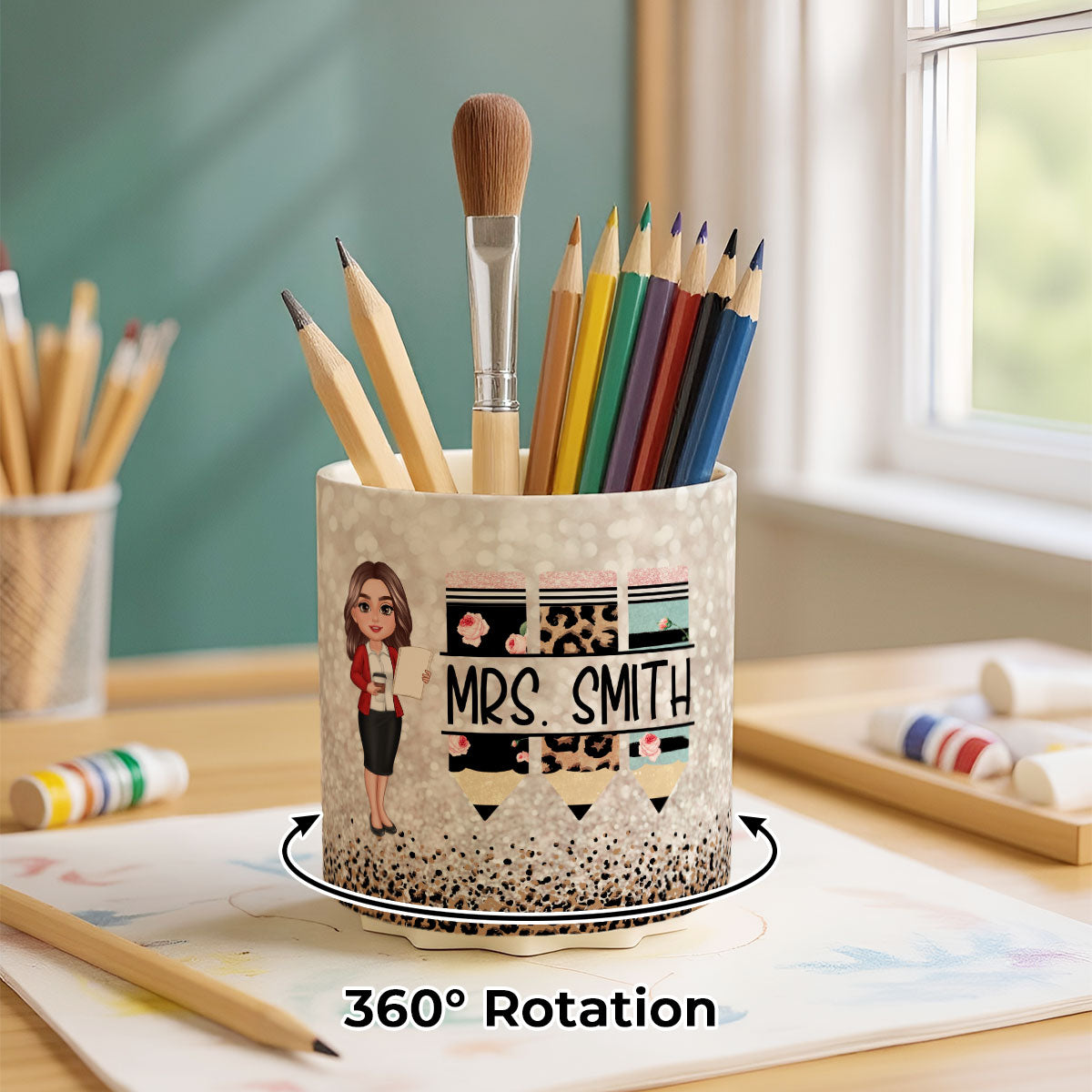 Teacher Leopard Rainbow Personalized Rotating Pen Holder, Teacher Appreciation Gift, Back To School Gift
