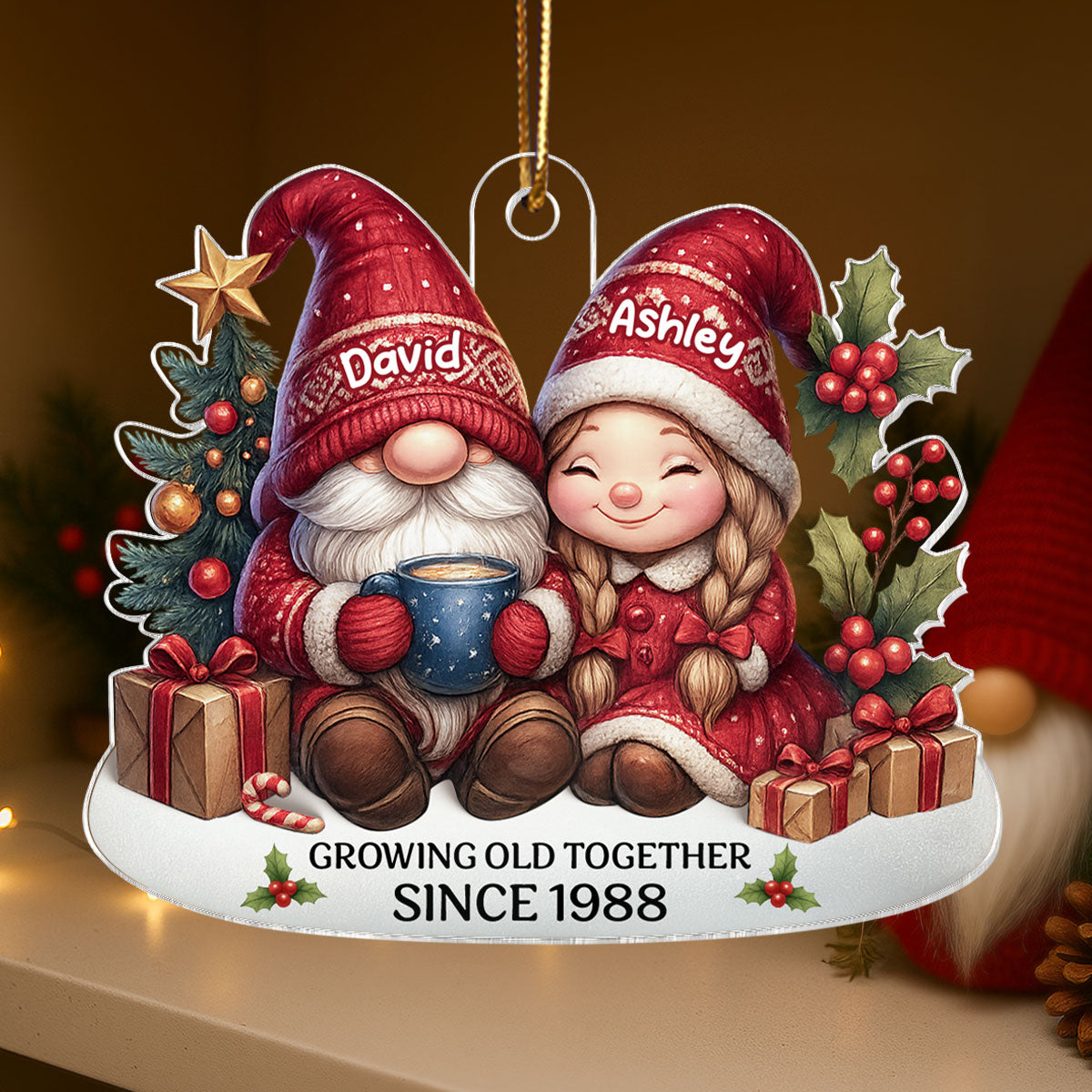 Gnome Couple Growing Old Together Personalized Acrylic Ornament, 3D Effect Ornament for Couples