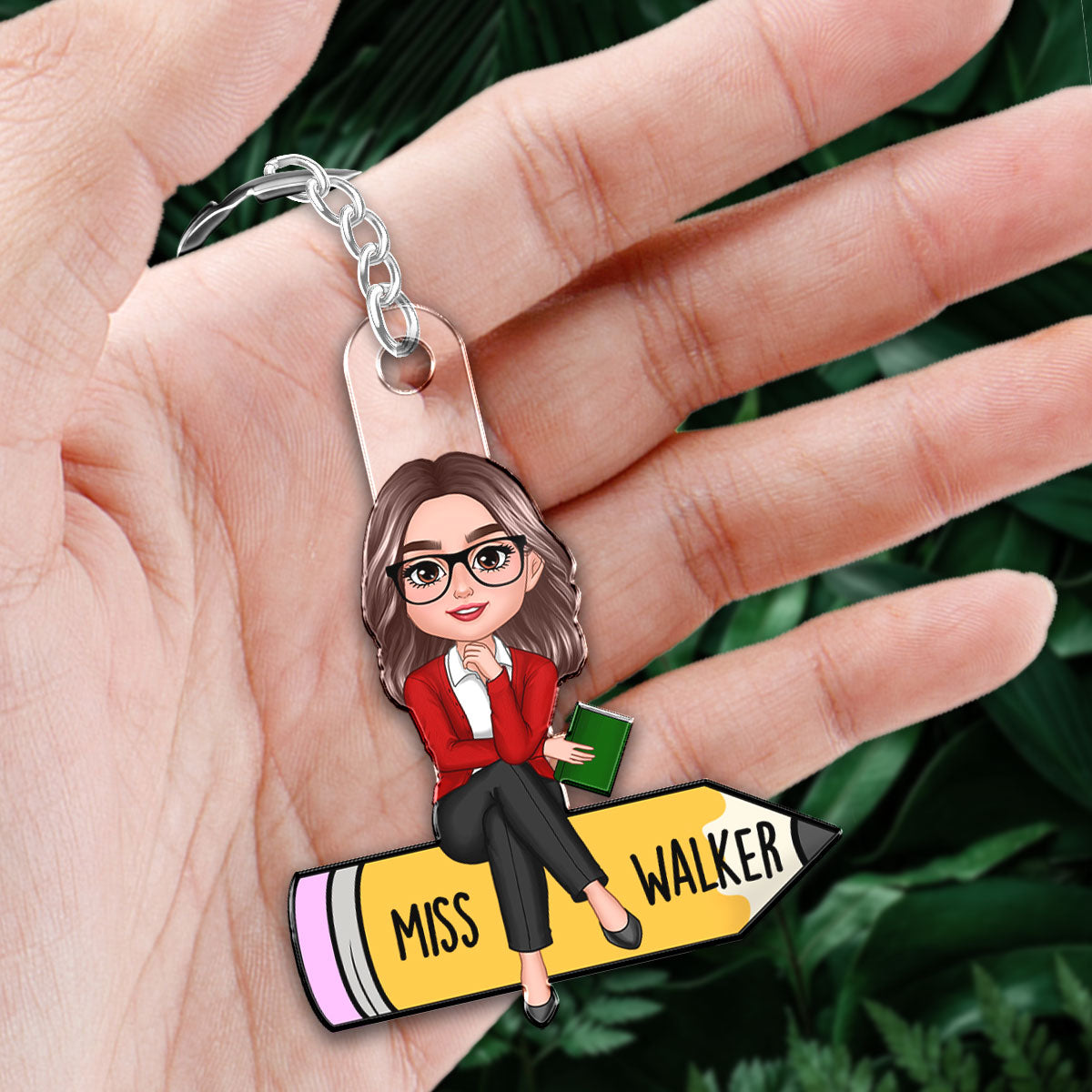 Doll Teacher Sitting On Pencil Personalized Acrylic Keychain, Back To School Gift For Teacher