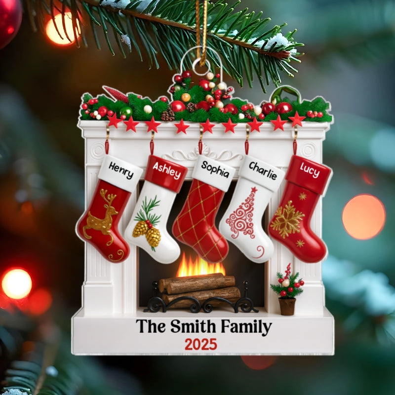 Fireplace Stocking Family Personalized Christmas Ornament, 3D Effect Ornament, Custom Family Name