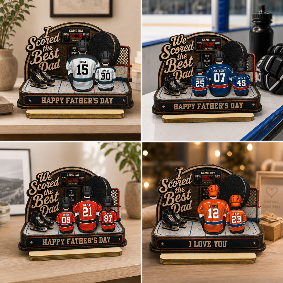 Hockey Dad & Kids Sitting On Court 2D Flat - Personalized 2-Layered Wooden Plaque - Father's Day Gift For Hockey Dad