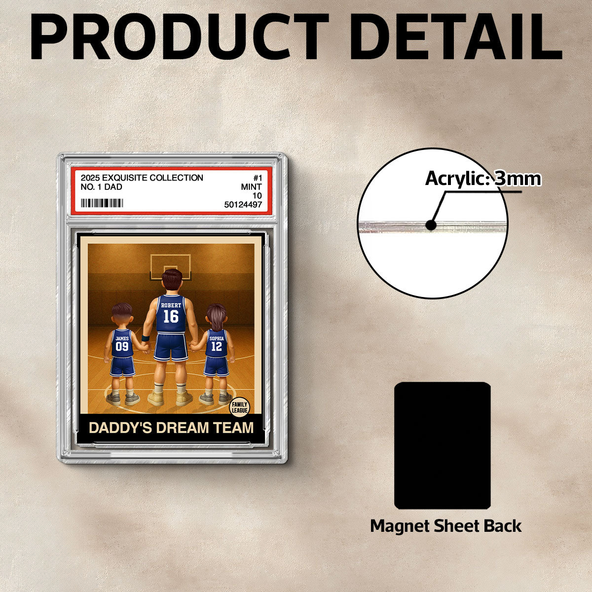 Basketball No. 1 Dad Man & Kids Trading Card Style Personalized Acrylic Fridge Magnet