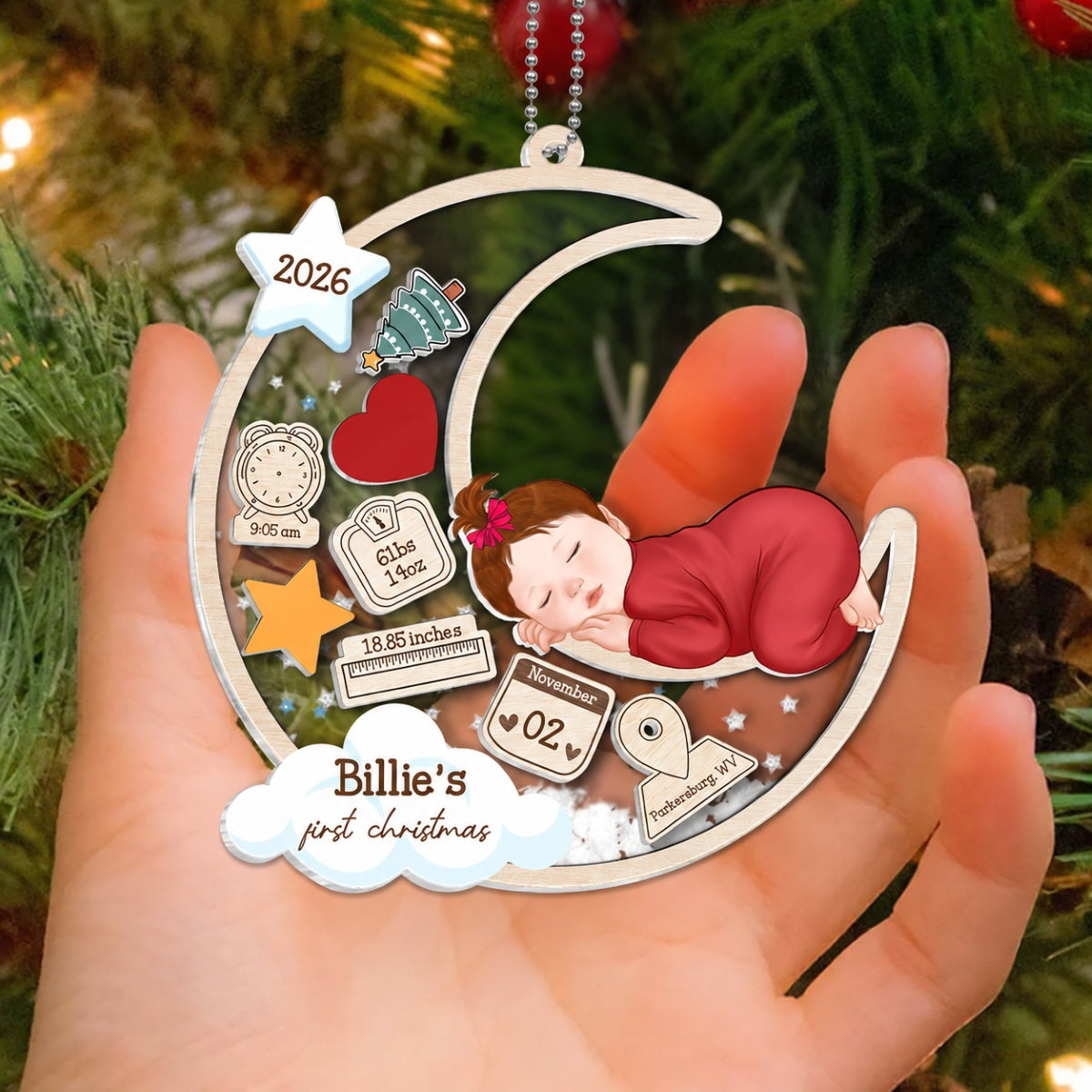 Baby Sleeping On Moon First Christmas Personalized 4D Shaker Ornament, Custom Newborn Gift