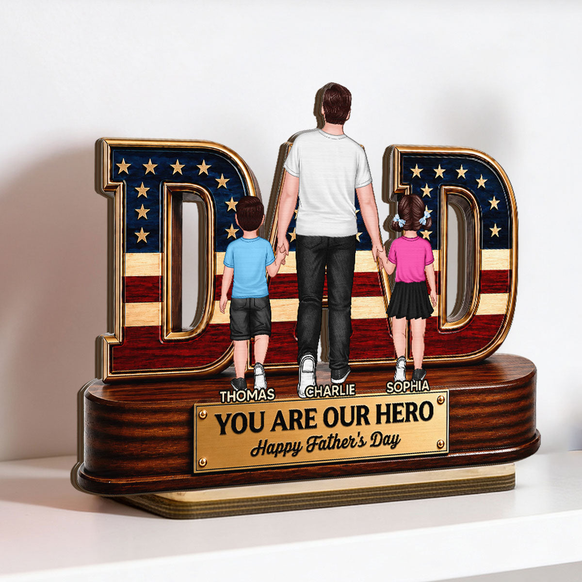 Nation Flag Dad And Kids You Are Our Hero - Personalized 2-Layered Wooden Plaque - Father's Day Gift For Dad, Husband