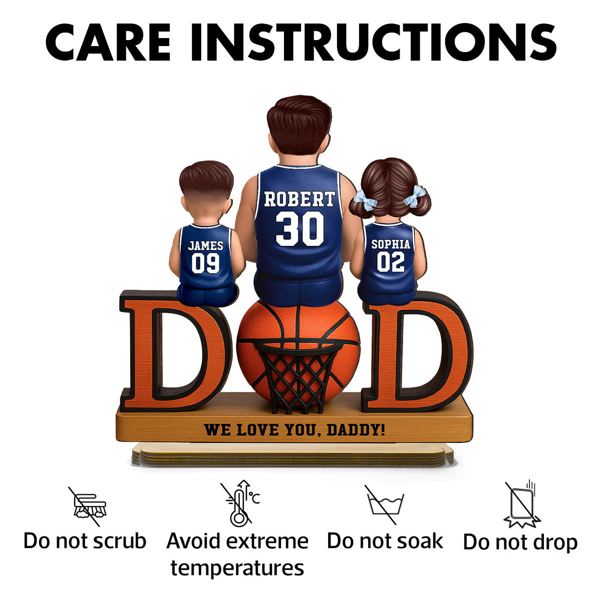 Basketball Dad And Kids Sitting Personalized 2-Layer Standing Wooden Plaque, Father's Day Gift for Dads