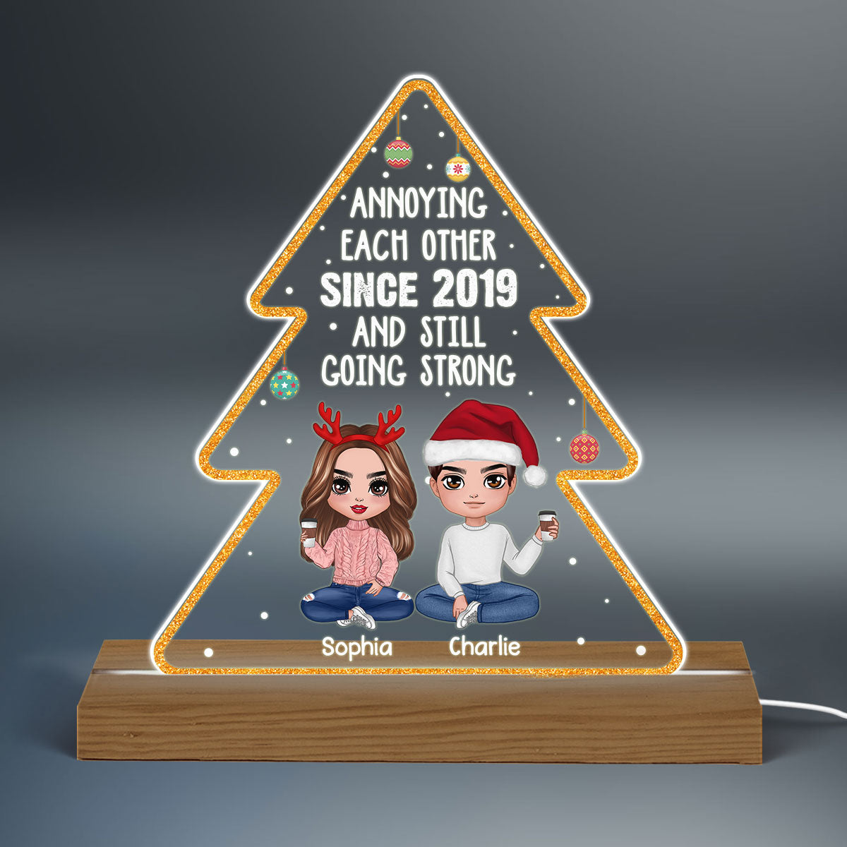 Doll Couple Sitting Annoying Each Other Since Personalized Christmas Tree Shaped Acrylic Plaque With LED Night Light