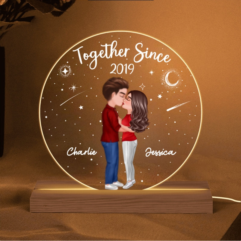 Doll Couple Kissing Personalized Circle Acrylic 7 Color Plaque LED Night Light - Anniversary Gift For Her - Gift For Him