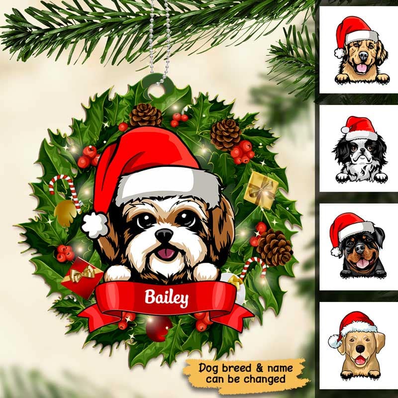 Christmas Wreath Peeking Dogs Personalized Wooden Ornament