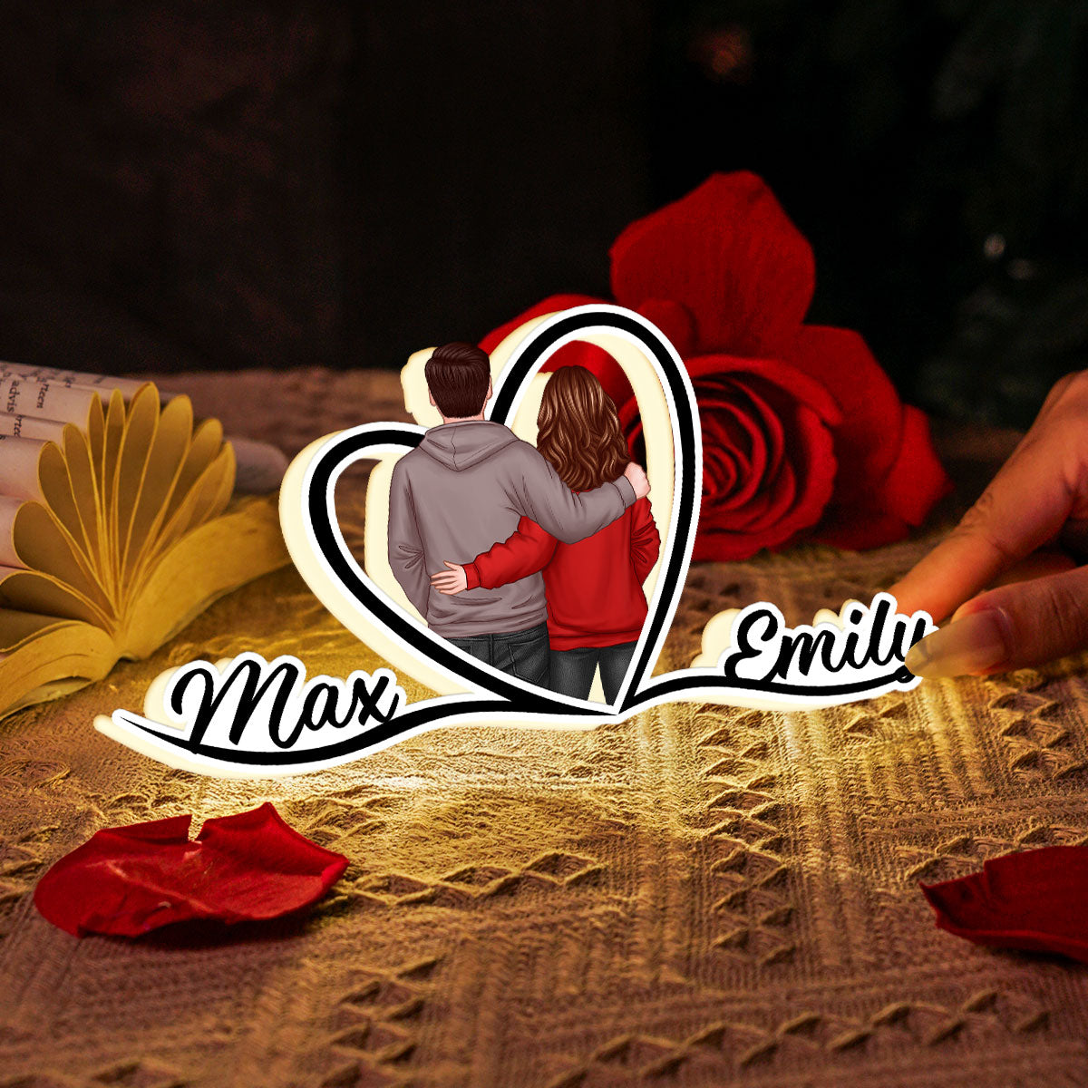 Couple Hugging Back View Heart Shape With Names Personalized Light Box, Anniversary Gift for Him for Her