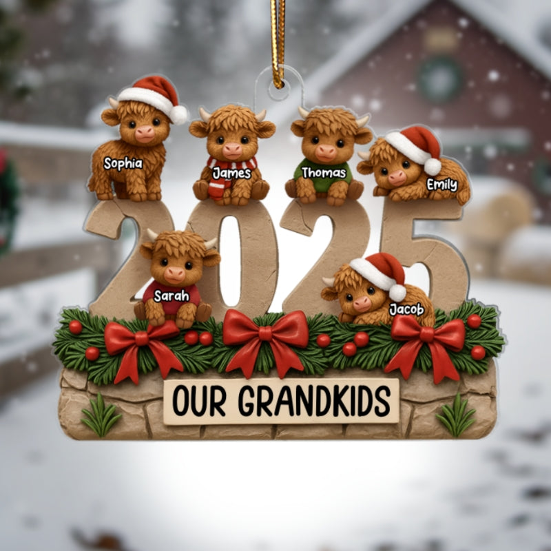3D Effect Christmas Highland Cows Our Grandkids - Personalized Acrylic Ornament - Gift For Grandparents, Grandkids