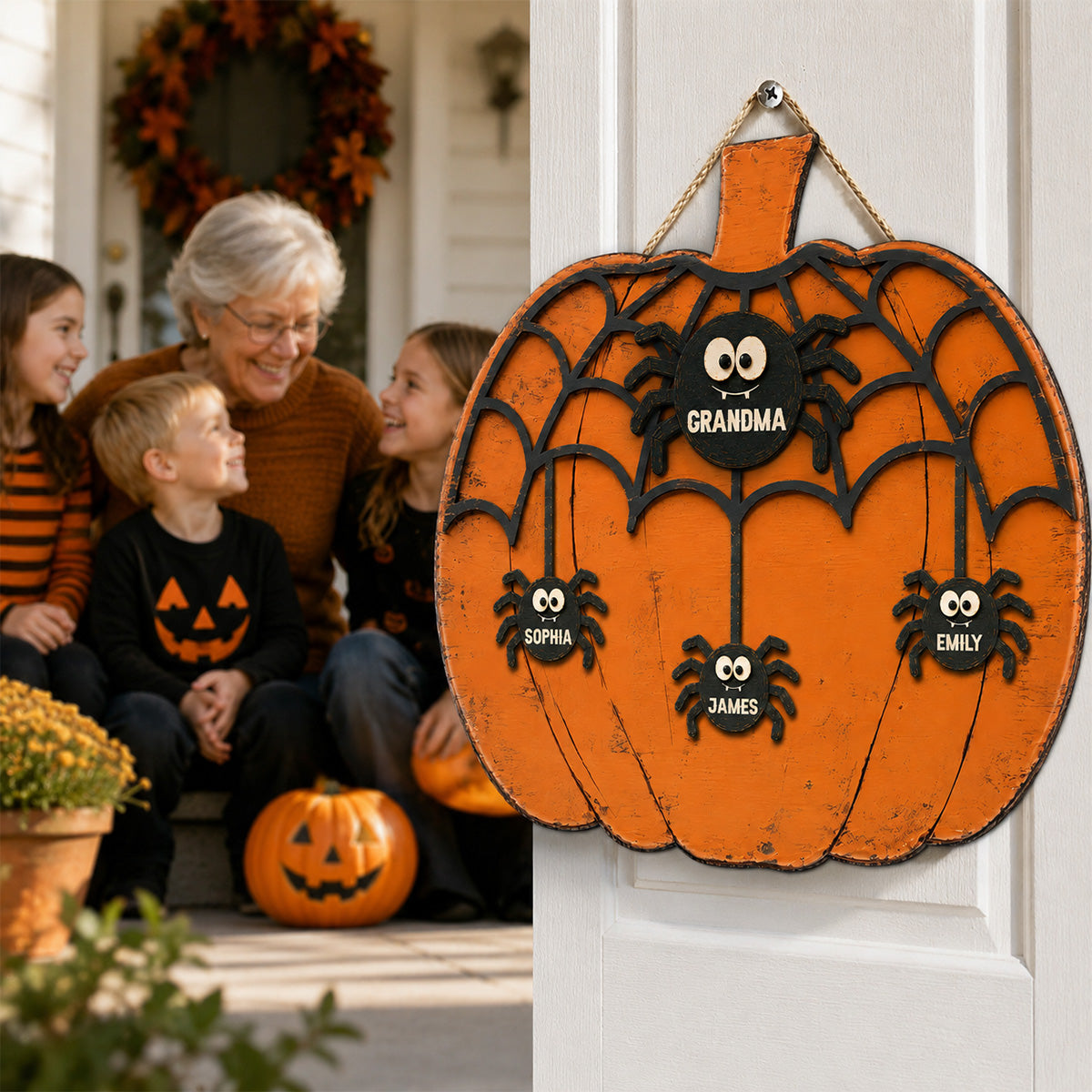Grandma Grandkids Spider Net 2D Flat - Personalized Wood Sign - Halloween Decoration