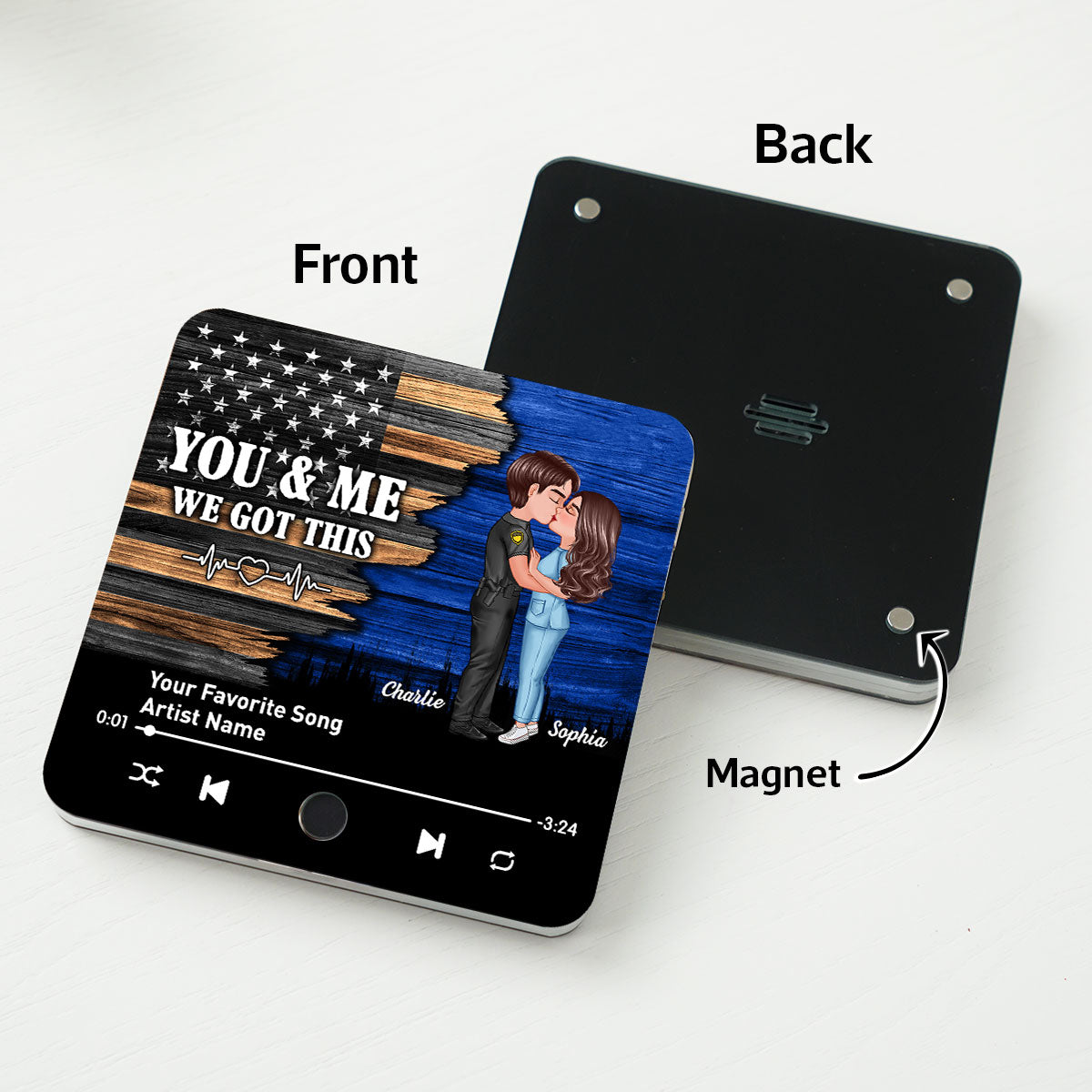 Hero Couple Kissing Half Flag Gift by Occupation Personalized Music Fridge Magnet,  Gift For Him, For Her