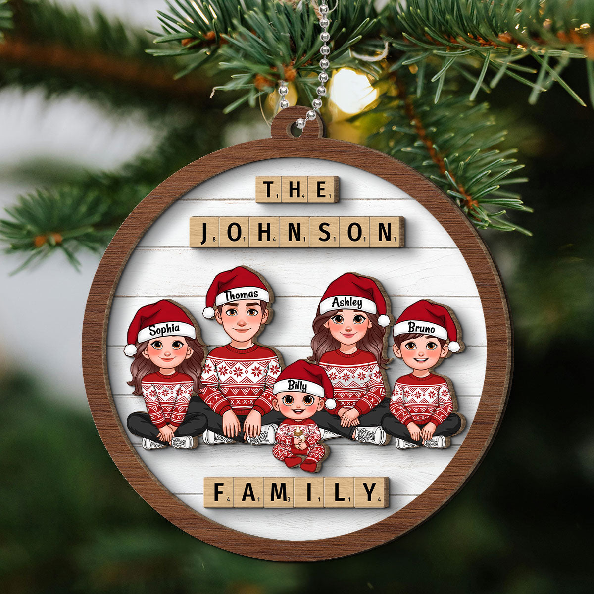 Animated Family Sitting Wooden Blocks Personalized 2-Layer Wooden Ornament, Christmas Decoration, Christmas Gift For Family
