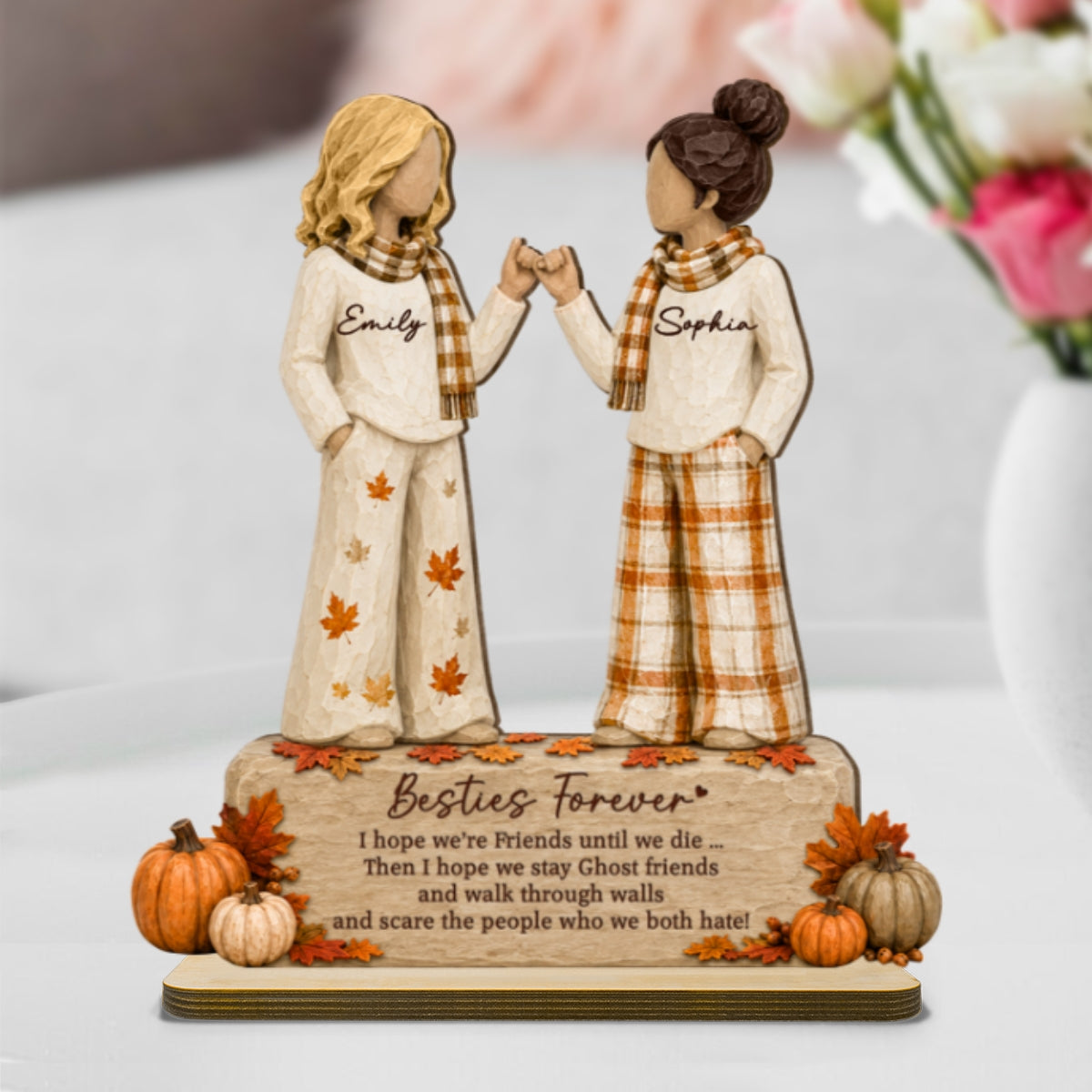 Trending Fall Season Besties Forever Pinky Promise - Personalized 2-Layered Wooden Plaque - Friendship Keepsake