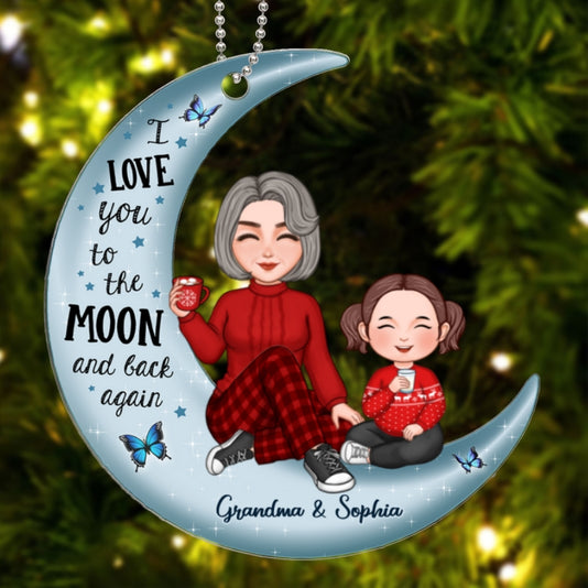 Cute Grandma & Grandkid On Moon Christmas Gift Personalized Acrylic Ornament [Grandma's nickname can be changed]