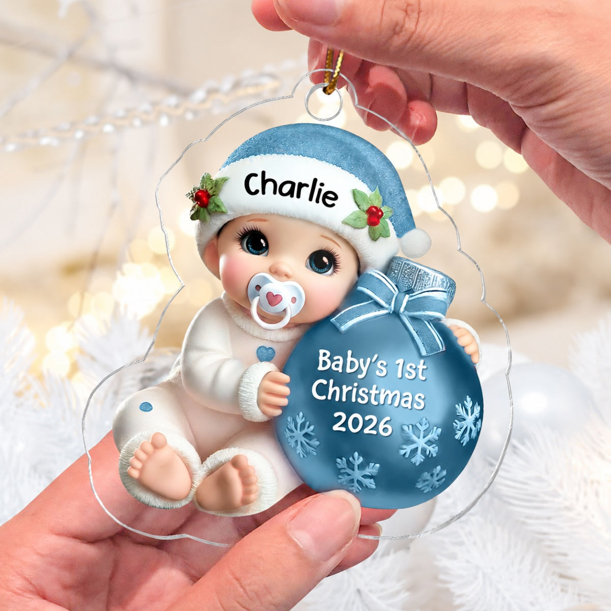 Baby Beside Christmas Bauble 3D Effect Baby's First Christmas Personalized Acrylic Flat Ornament