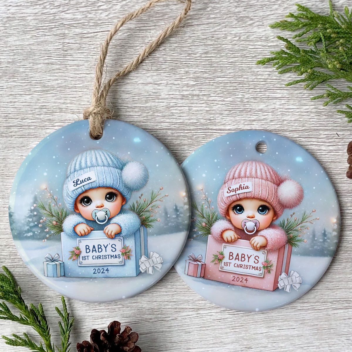 Watercolor Baby Inside Gift Box Personalized Ceramic Ornament, Christmas Gift for New Mom New Dad