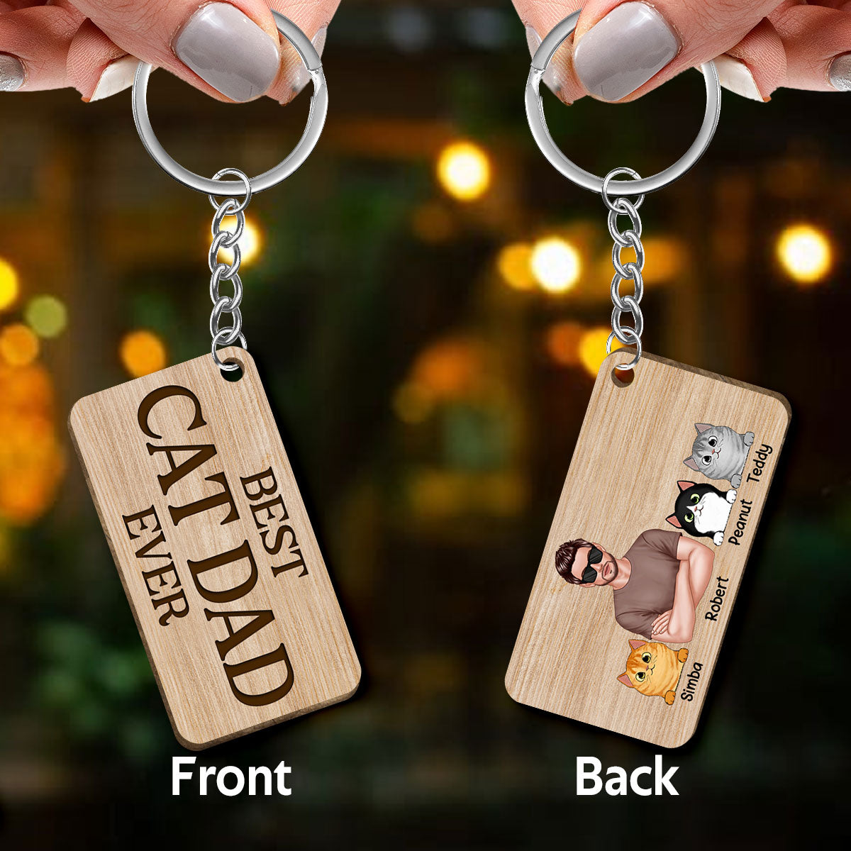 Best Cat Dad Ever Man & Fluffy Cats Personalized Wooden Keychain