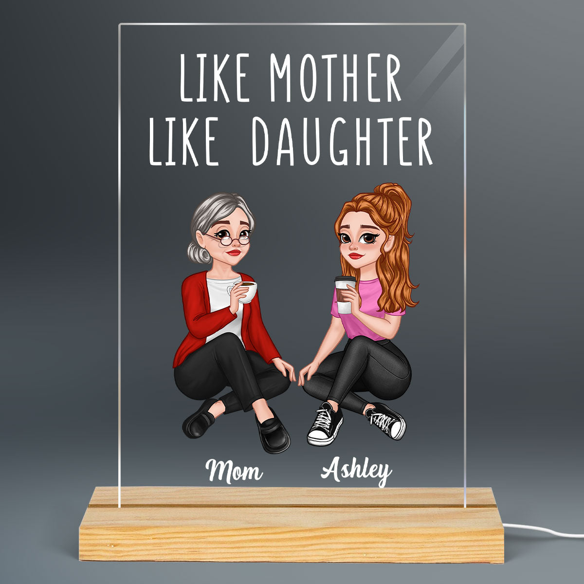 Like Mother Like Daughter Pretty Cartoon Mom & Daughter Personalized Rectangle Acrylic Plaque With LED Night Light