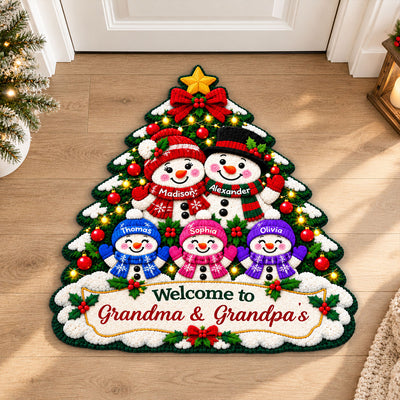 Snowman Grandparents & Grandkids Under Christmas Tree - Personalized Door Mat - Christmas Decor For Grandparents, Family