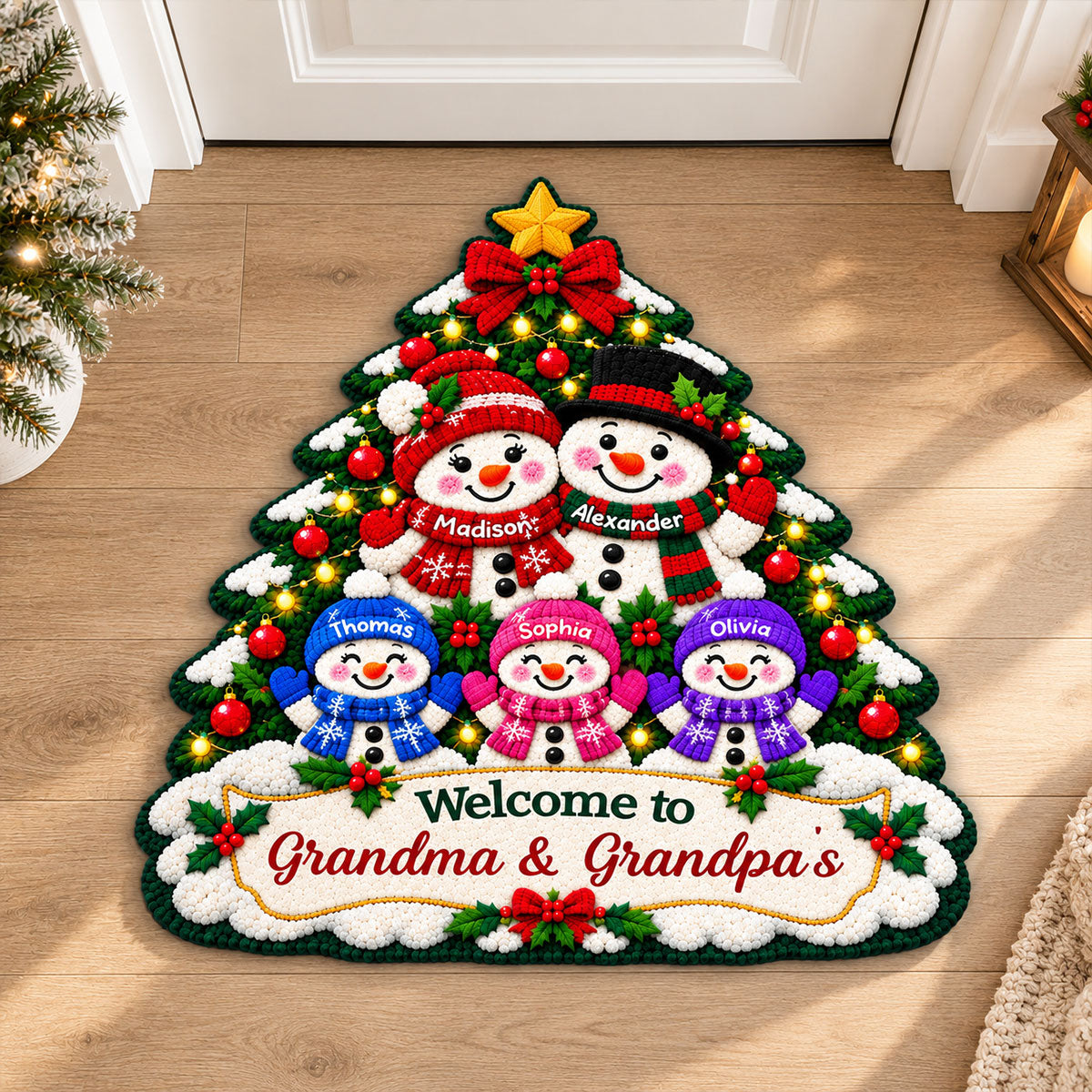 Snowman Grandparents & Grandkids Under Christmas Tree - Personalized Door Mat - Christmas Decor For Grandparents, Family
