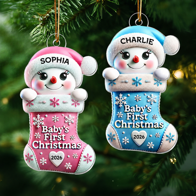 Baby First Christmas Snowman On Stocking 1st Christmas Keepsake Personalized Acrylic Ornament