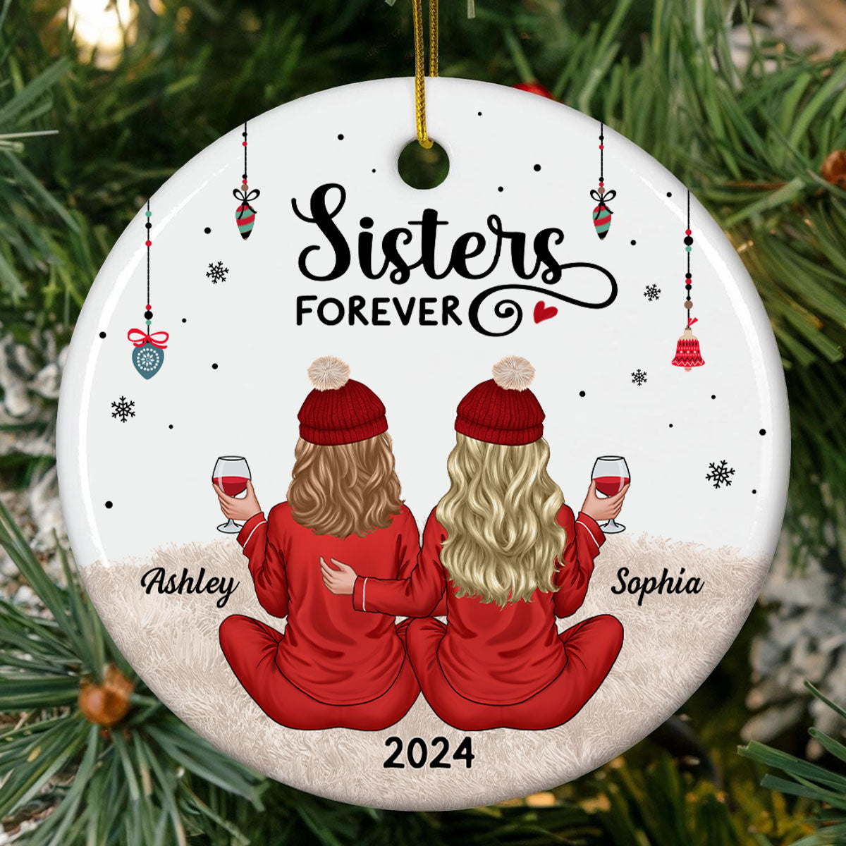 Back View Pajamas Sisters Forever Personalized Ceramic Ornament, Christmas Gift For Sisters