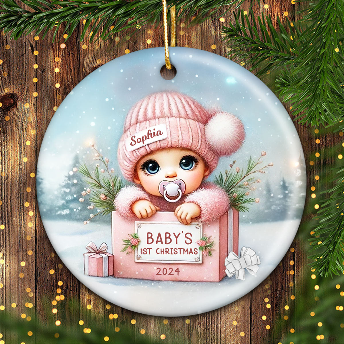 Watercolor Baby Inside Gift Box Personalized Ceramic Ornament, Christmas Gift for New Mom New Dad