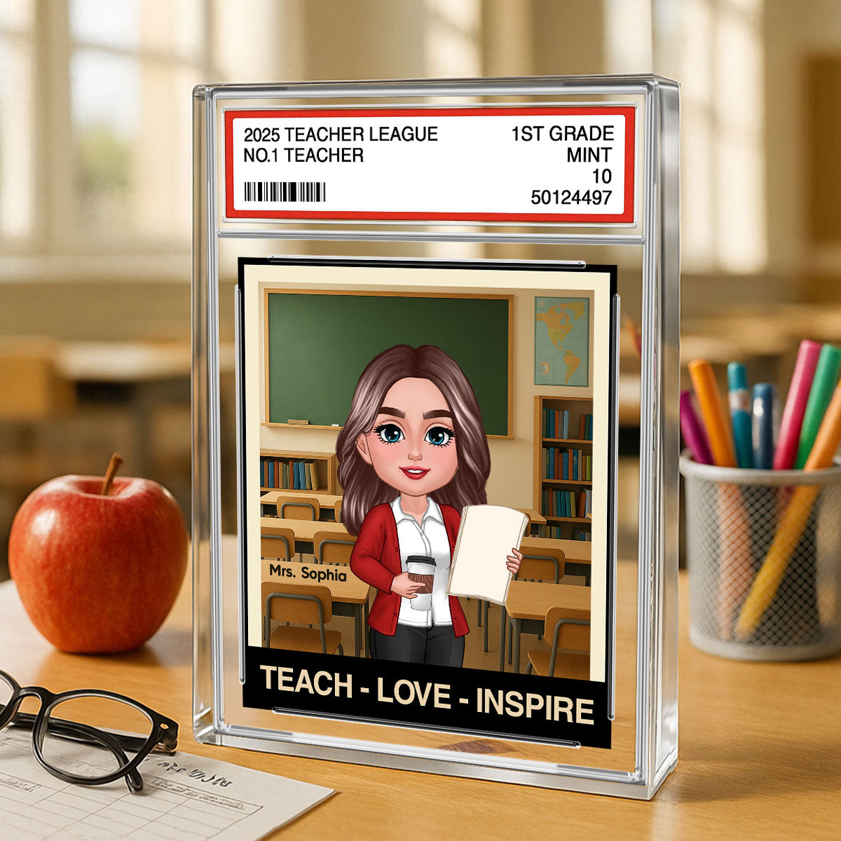 Teacher Teach Love Inspire Trading Card Style Personalized Rectangle Acrylic Block Plaque