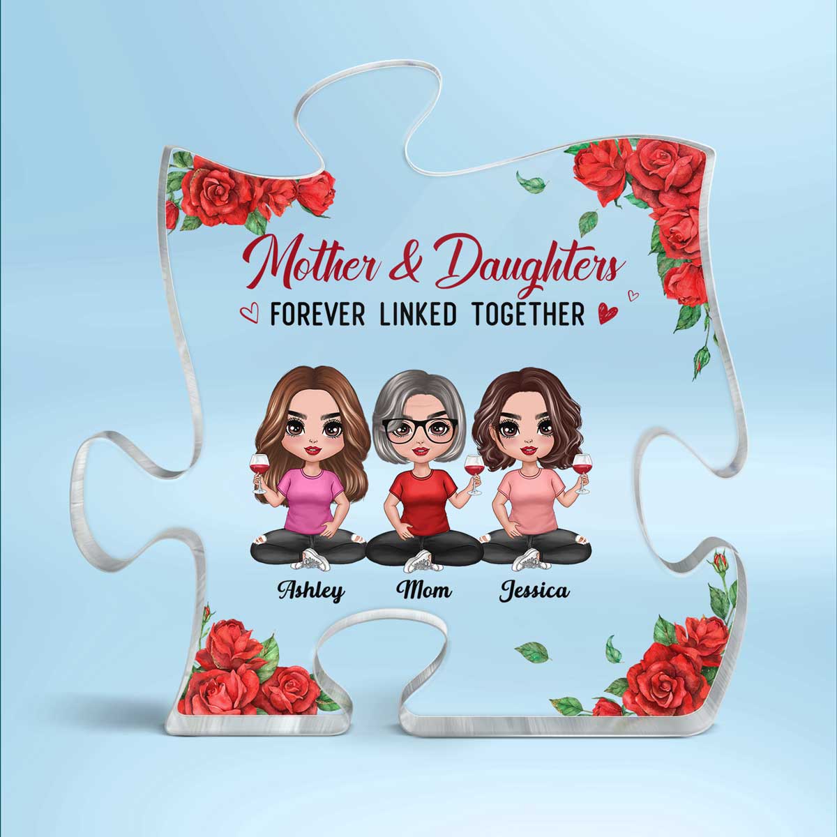 Rose Pattern Doll Mom And Daughters Sitting Gift For Mom Personalized Puzzle Acrylic Plaque