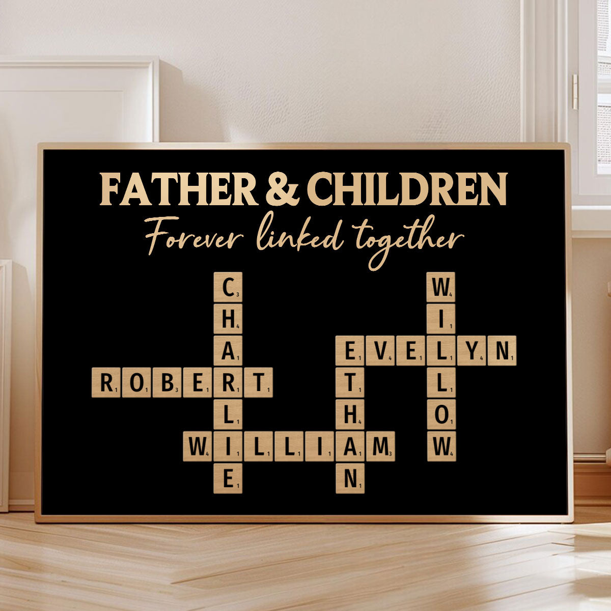 Father & Daughters Sons Forever Linked Together Crossword Puzzle Art Rustic Personalized Poster, Heartfelt Gift For Dad