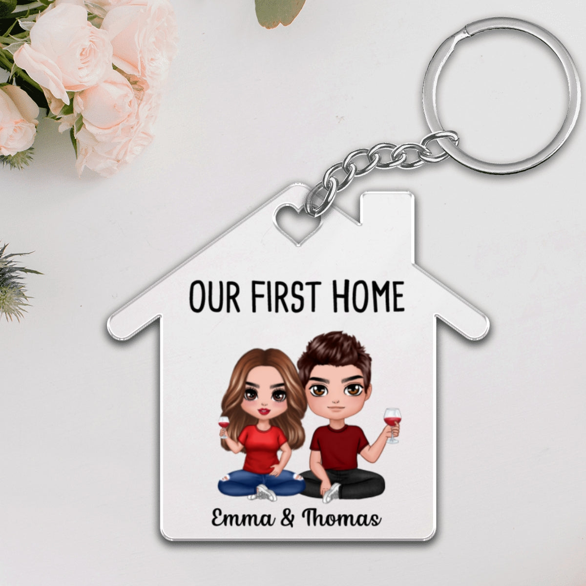 Doll Couple Sitting Our First Home Personalize Acrylic Keychain