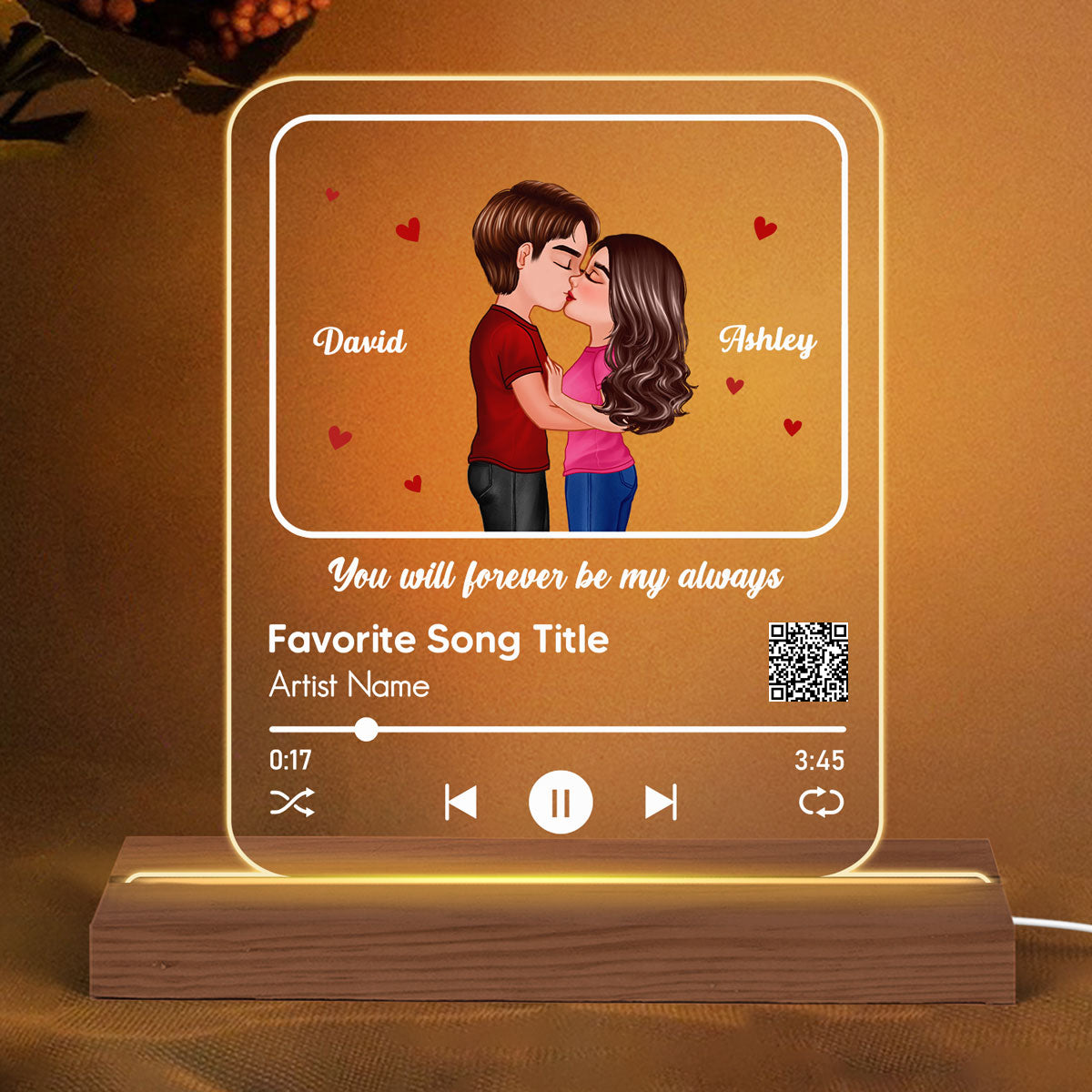 Doll Couple Kissing Favorite Song Scannable QR Code Personalized Custom Shape Acrylic Plaque LED Night Light