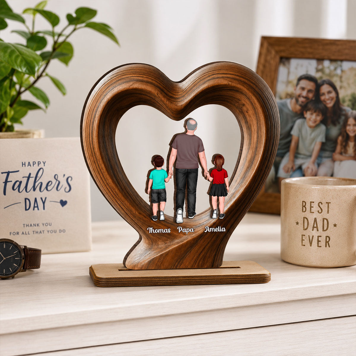 Dad Grandpa Walking With Children - Personalized 2-Layered Wooden Plaque - Father's Day Gift for Husband