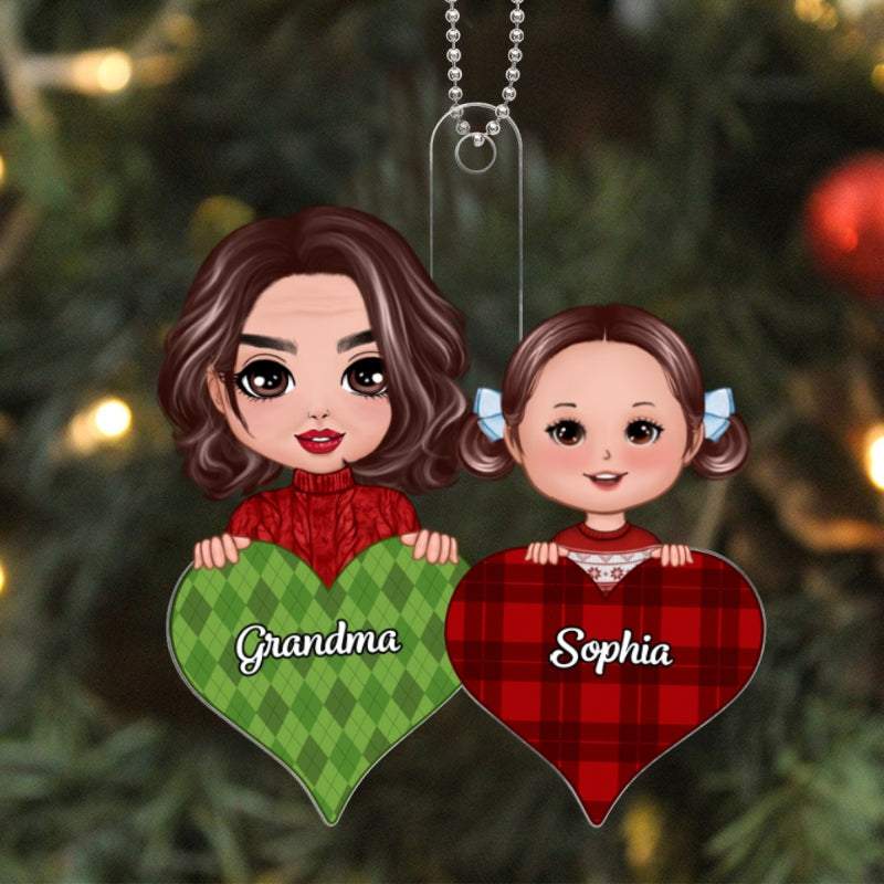 Doll Grandma & Grandkid Peeking On Pattern Heart Christmas Gift For Grandson Granddaughter Personalized Acrylic Ornament