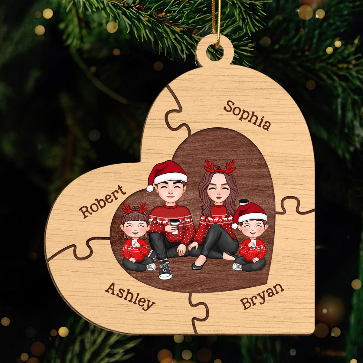 Christmas Cute Doll Family Sitting Heart Puzzles Personlized Wooden Ornament
