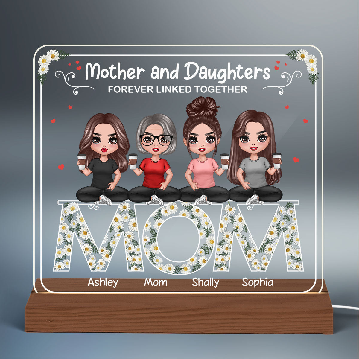 Mom And Daughters Sitting On Daisy Flowers Word Personalized Custom Shape Acrylic Plaque LED Night Light