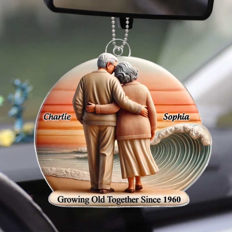 3D Effect Old Couple Walking Sunset Beach Landscape Personalized Car Hanger Ornament, Heartfelt Gift For Couple, For Him, For Her, Husband, Wife