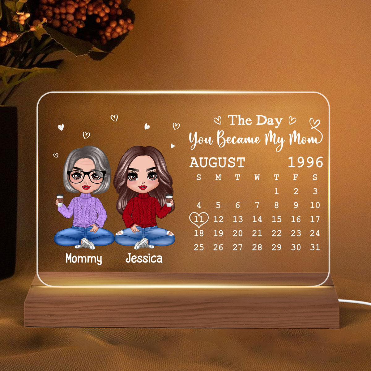 Doll Mother Daughter Son The Day You Became My Mom Calendar Date Mother‘s Day Gift For Mom Personalized Custom Shape LED Night Light