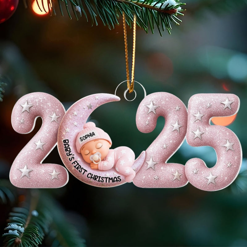 Baby Sleeping on Moon Ornament 2025 Crystal Effect - Personalized Acrylic Ornament - Baby Keepsake Gift, Newborn Gift