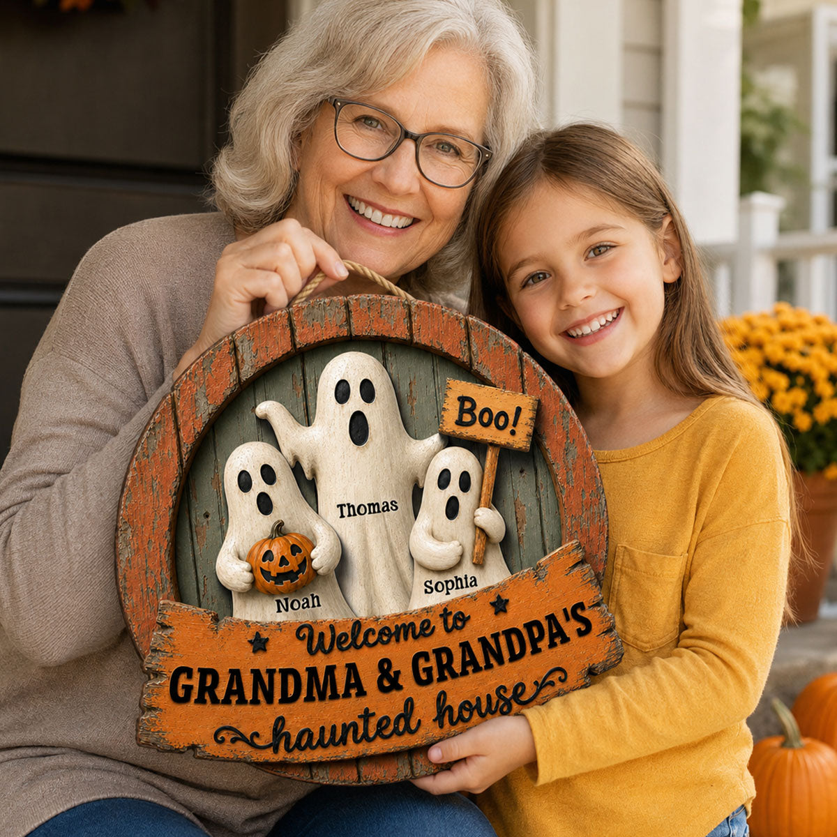 Welcome to Grandma Grandpa's Haunted House - Personalized Door Hanger - Halloween Decor for Grandparents