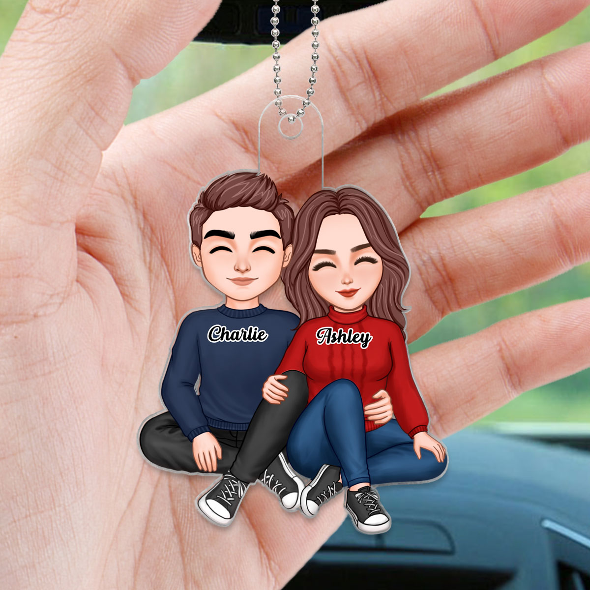 Cute Couple Sitting Hugging Personalized Acrylic Car Hanging Ornament