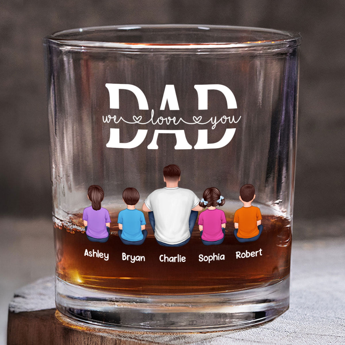 Best Dad Ever Back View Man Kids Dog Cat Personalized Whiskey Glass, Wine Glass, Father's Day Gift for Dad