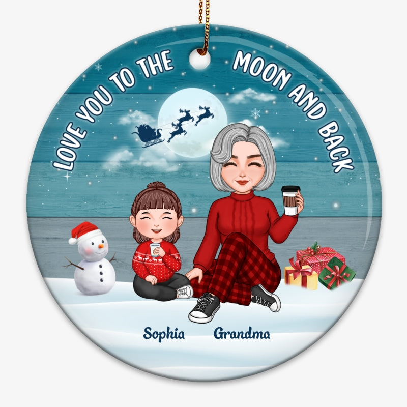 Blue Palette Cute Grandma & Grandkids Sitting On Snow Personalized Circle Ornament