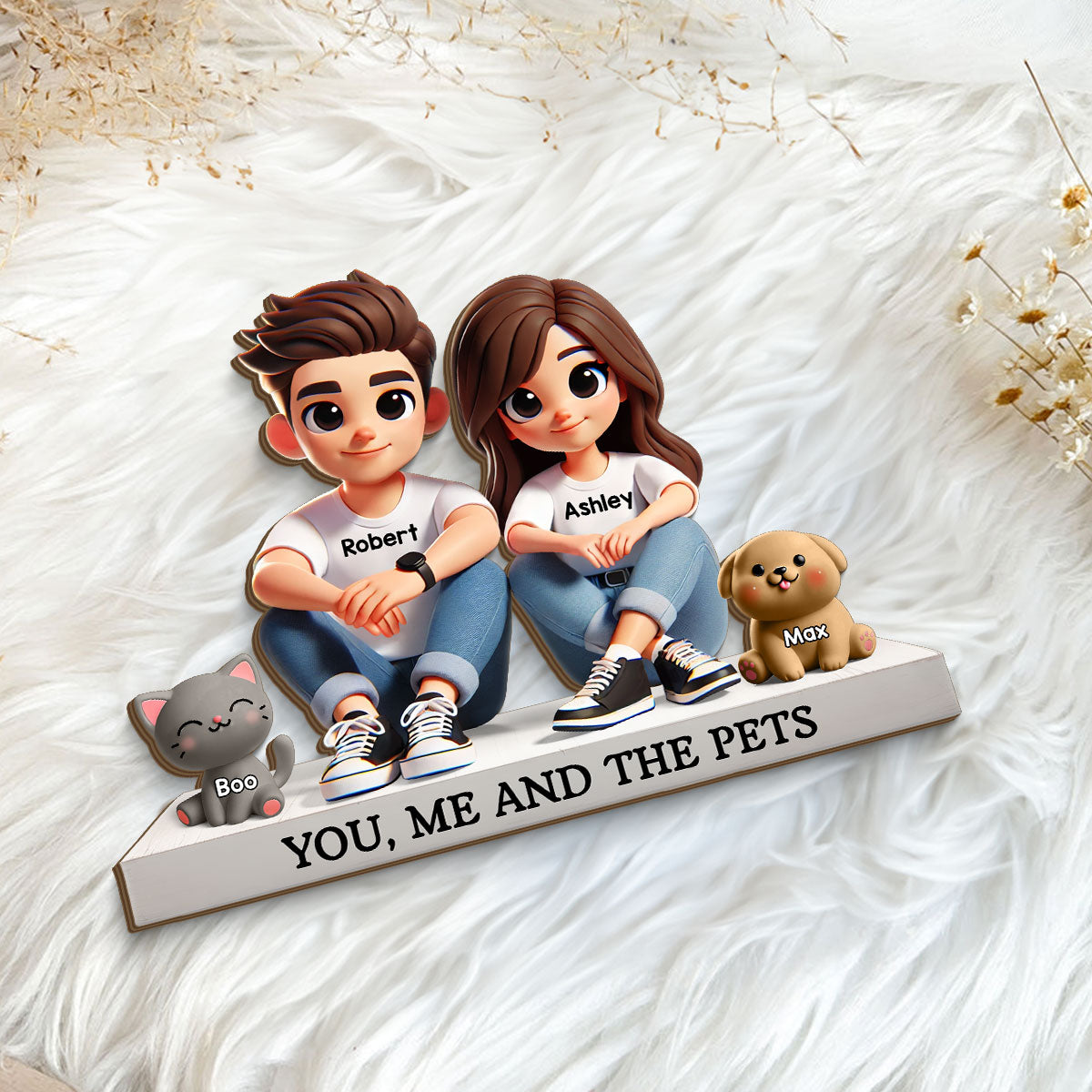 3D Effect Cute Couple And Dogs Cats Personalized Standing Wooden Plaque, Anniversary Gift,  gift, Couple Keepsake