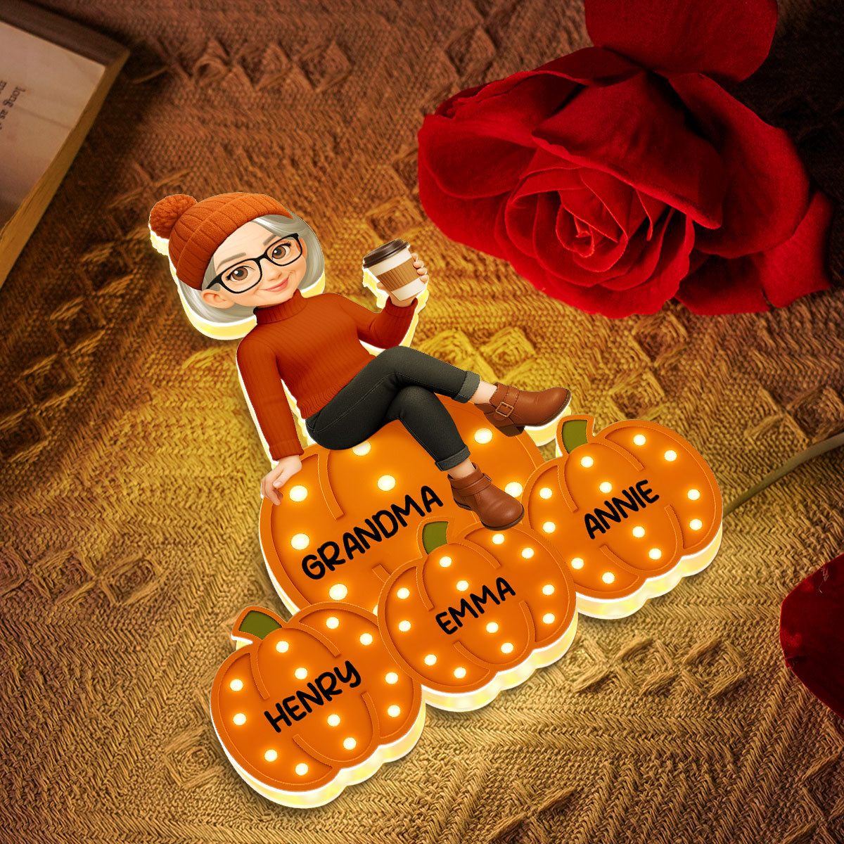 Grandma Mom Sitting On Pumpkins Marquee Pattern Effect Personalized LED Light Box, Cozy Fall Vibe Home Decoration